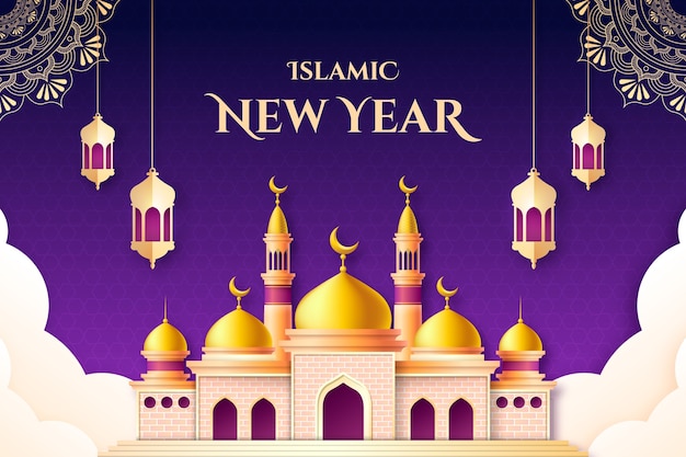 Gradient islamic new year background with lanterns and palace