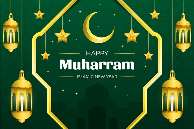 Градиентный исламский новогодний фон с фонарями и звездами