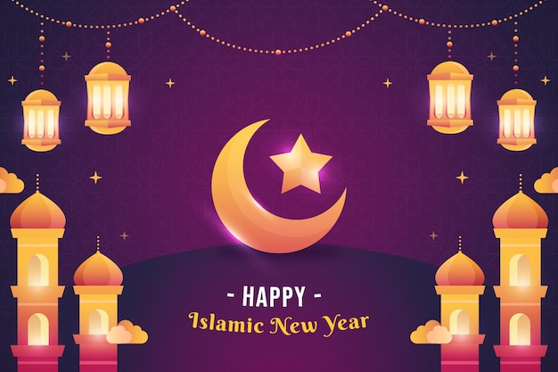 Gradient islamic new year background with lanterns