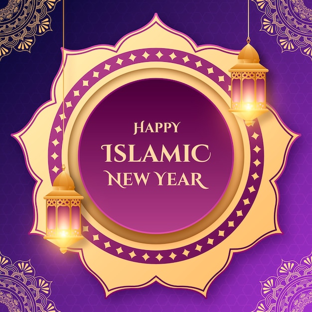 Free vector gradient islamic new year background with mandala shape and lanterns