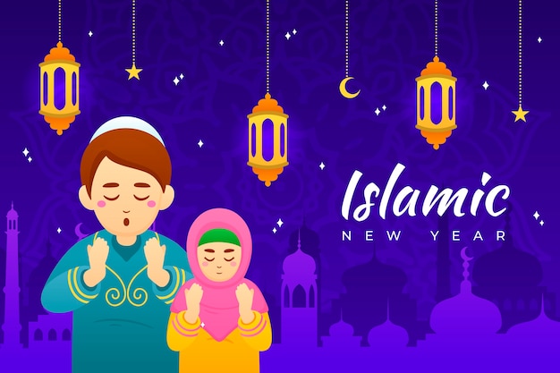 Gradient islamic new year background with people praying and lanterns