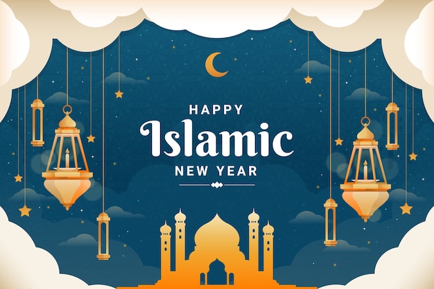 Free vector gradient islamic new year background with stars and lanterns