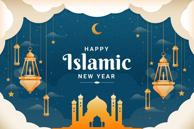 Gradient islamic new year background with stars and lanterns