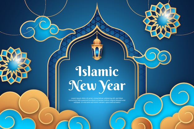 Free vector gradient islamic new year banner with clouds