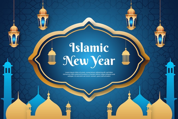 Gradient islamic new year banner with lamps