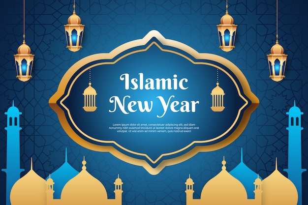 Градиентный исламский новогодний баннер с лампами
