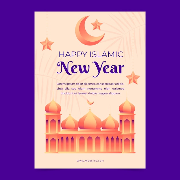 Gradient islamic new year greeting card template with palace and crescent moon