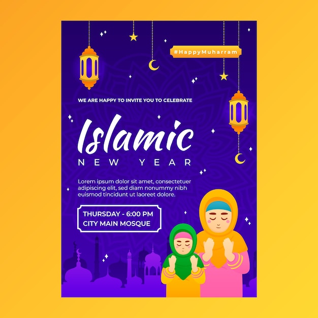 Gradient islamic new year greeting card template with people praying and lanterns