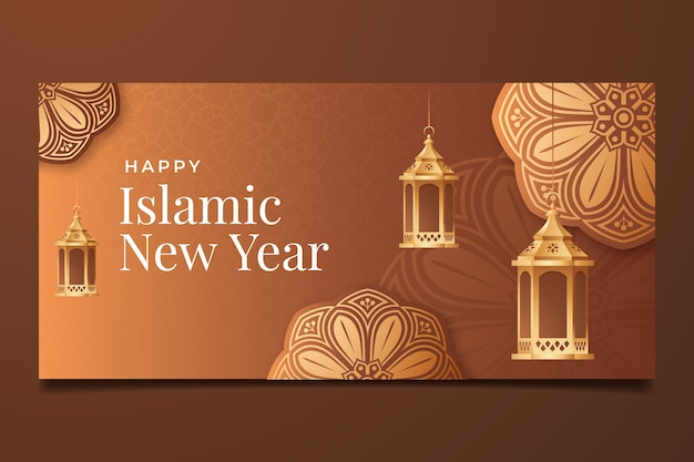 Free vector gradient islamic new year horizontal banner template with lanterns and mandala