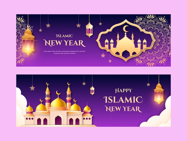 Gradient islamic new year horizontal banners set with lanterns and palace