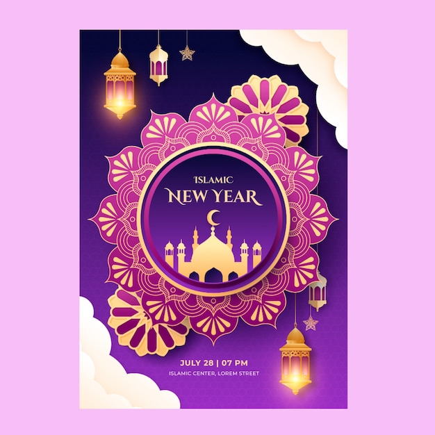 Modello di poster di capodanno islamico sfumato con forme di mandala e lanterne
