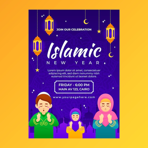 Free vector gradient islamic new year poster template with people praying and lanterns