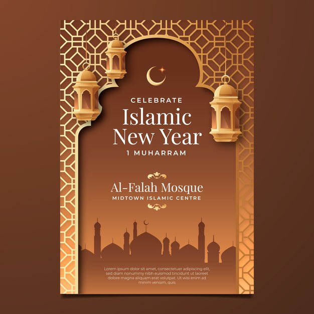 Gradient islamic new year vertical poster template with city and lanterns