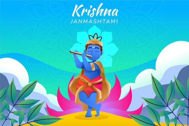 무료 벡터 아기 크리슈나와 그라데이션 janmashtami 그림