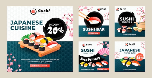 Free vector gradient japanese restaurant instagram posts collection