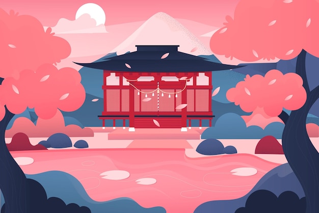 Gradient japanese temple and pink trees