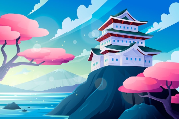 Free vector gradient japanese temple on a rock surrounded by water