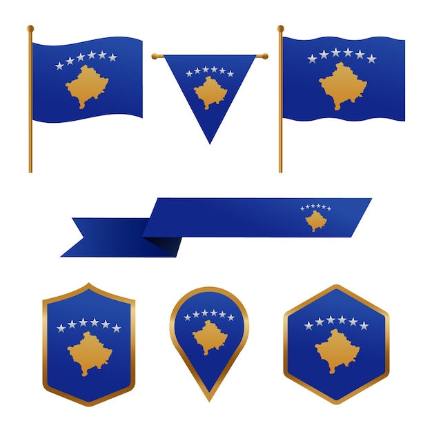 Vettore gratuito set di bandiere del kosovo sfumato ed emblemi nazionali