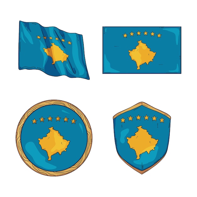 Set di bandiere del kosovo sfumato ed emblemi nazionali