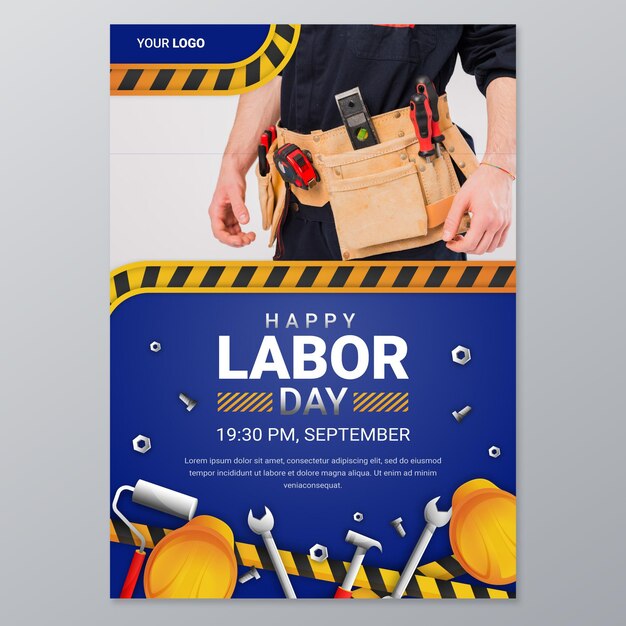 Gradient labor day vertical poster template with photo
