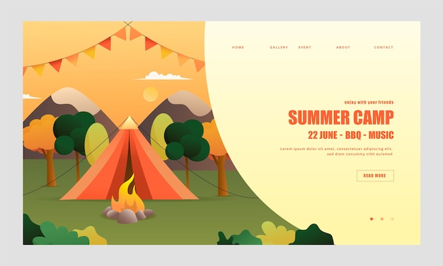 Free vector gradient landing page template for summer camp