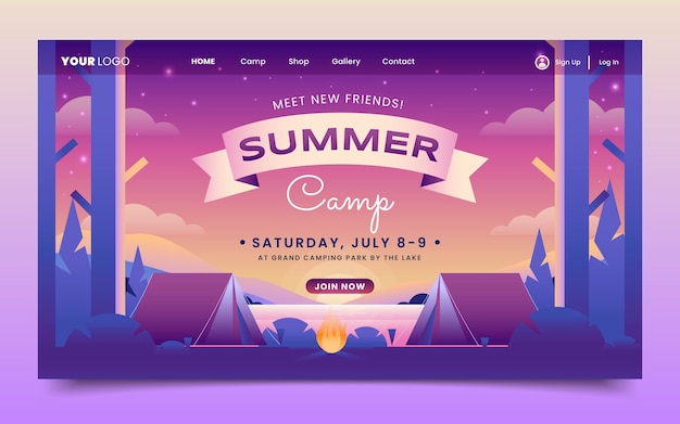 Free vector gradient landing page template for summer camp