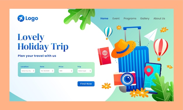 Free vector gradient landing page template for travel agency business