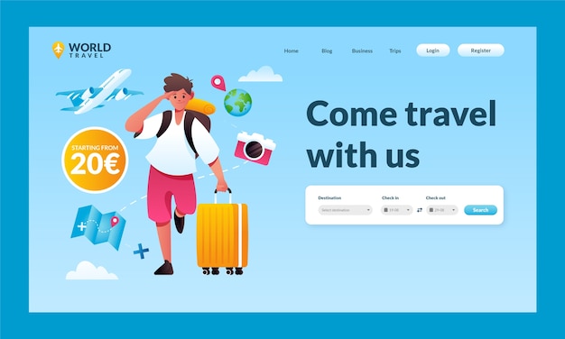 Free vector gradient landing page template for travel agency