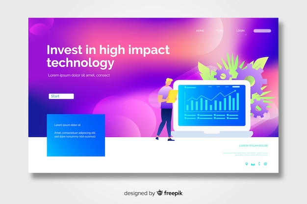 Gradient landing page with character and charts