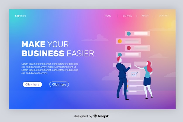 Gradient landing page with characters cheking e-mails