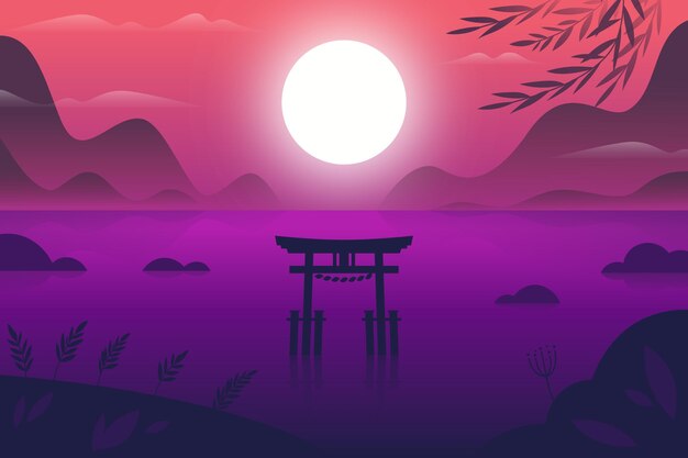 Gradient landscape with torii gate in the water