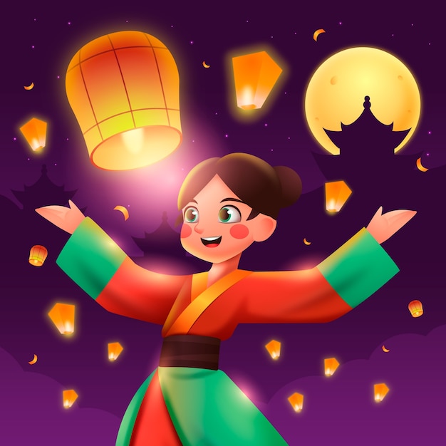 Vettore gratuito illustrazione del festival delle lanterne in gradiente