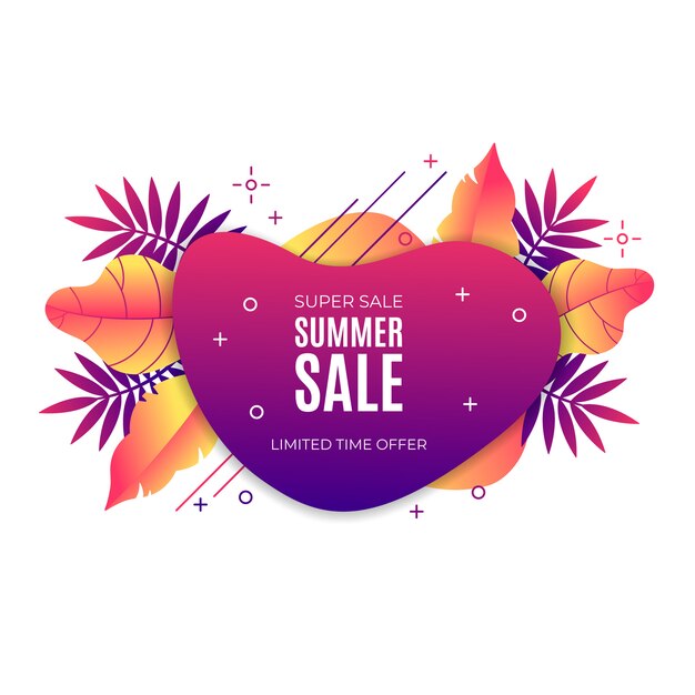 Gradient liquid summer sale banner with tropical elements