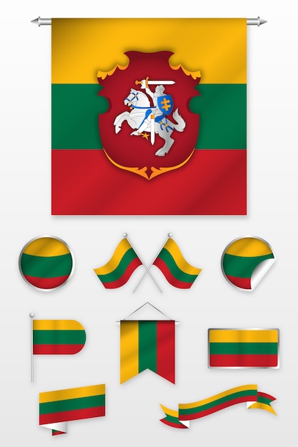 Бесплатное векторное изображение Градиентный флаг литвы и коллекция национальных гербов