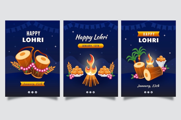 Vettore gratuito collezione di biglietti d'auguri per la celebrazione del festival lohri gradiente