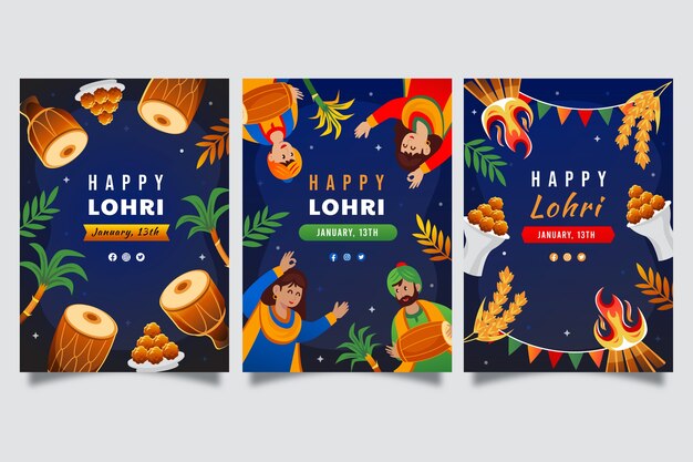 Gradient lohri festival celebration greeting cards collection