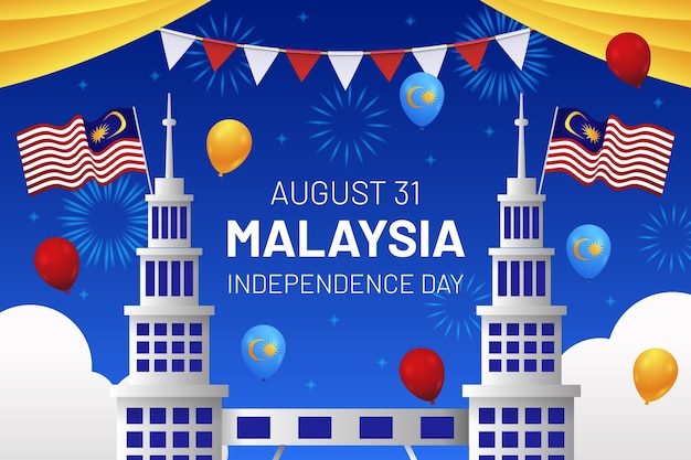 Free vector gradient malaysia independence day background with building and balloons