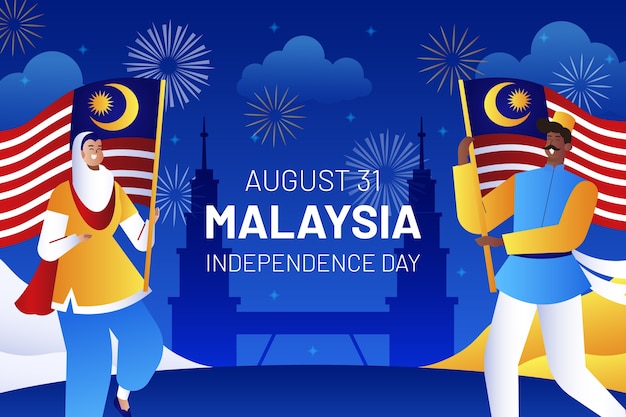 Gradient malaysia independence day background with people holding flags