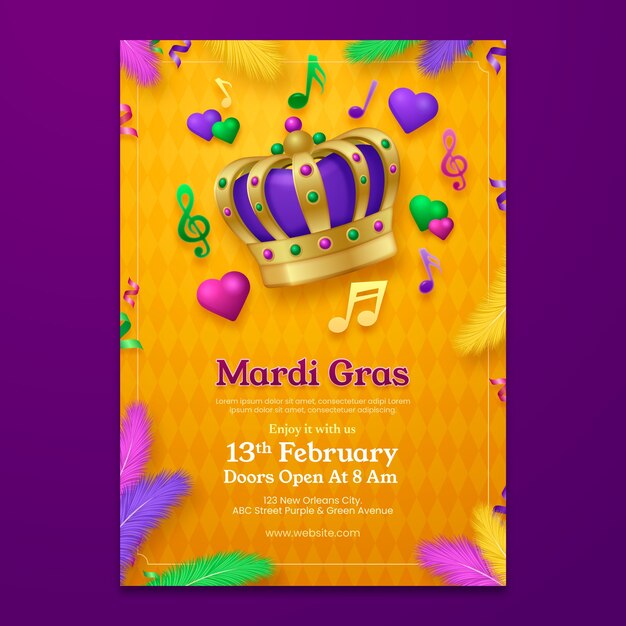 Бесплатное векторное изображение Шаблон вертикального плаката gradient mardi gras