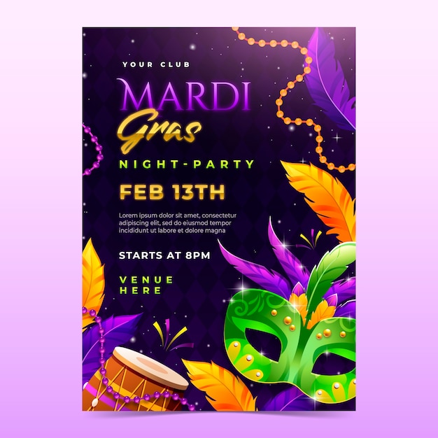 Free vector gradient mardi gras vertical poster template