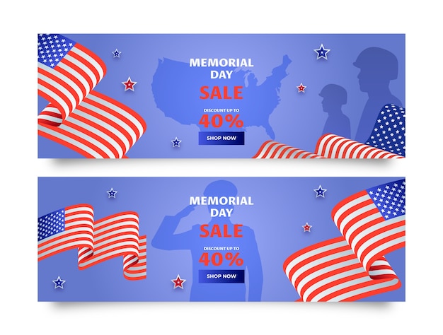 Free vector gradient memorial day sale horizontal banners pack