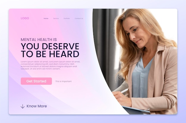 Gradient mental health landing page with photo