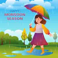Vettore gratuito sfondo di stagione dei monsoni sfumato con donna che cammina sotto la pioggia con l'ombrello