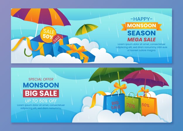 Gradient monsoon season horizontal sale banners set