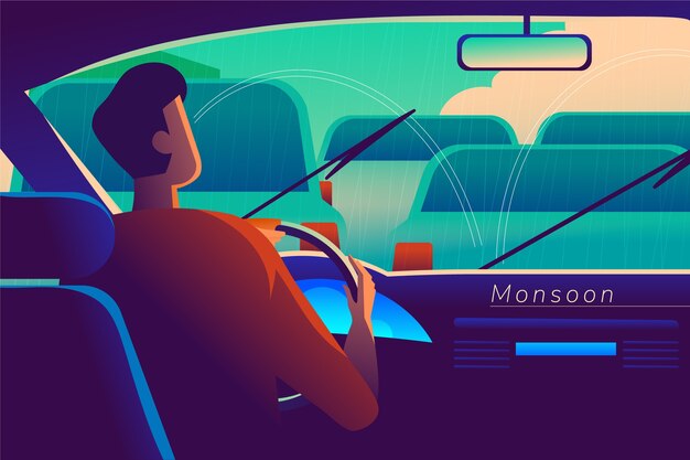 Gradient monsoon season illustration with man in traffic