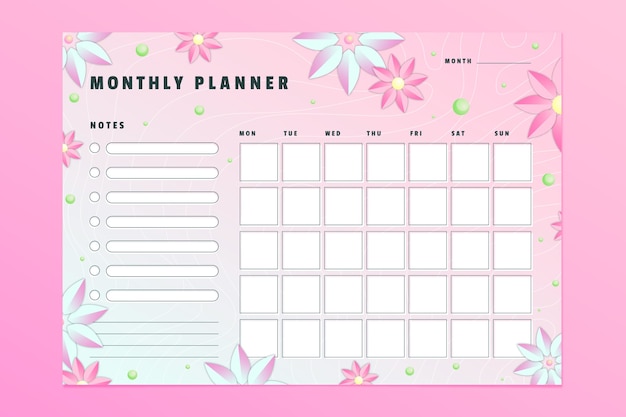 Gradient monthly planner calendar template
