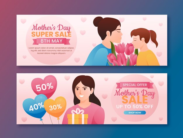 Free vector gradient mothers day sale horizontal banners pack