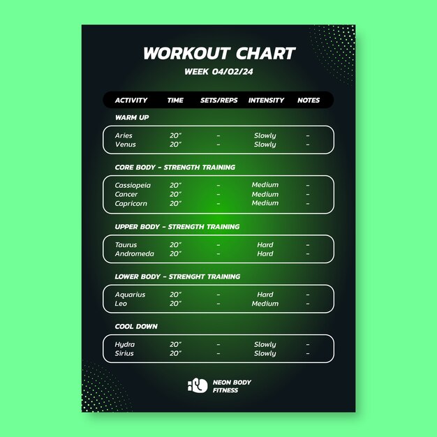 Gradient neon body fitness gym workout routine checklist
