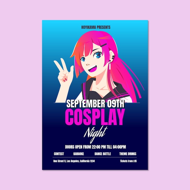 Vettore gratuito poster dell'evento notturno cosplay al neon sfumato