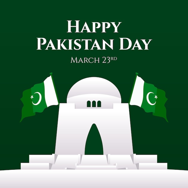 Gradient pakistan day illustration with building and flags